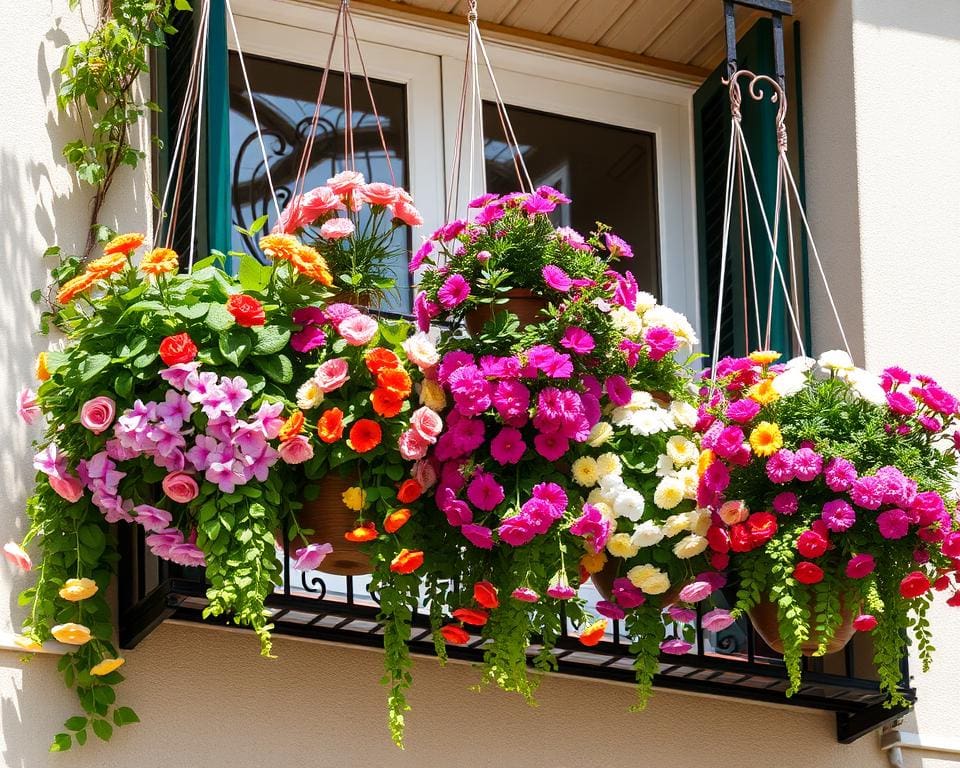 Blumenampeln für hängende Gärten auf Balkonen