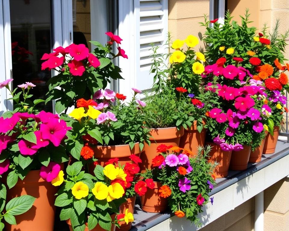 Balkonbepflanzung mit Blumen für den Balkon und beste Kräuter