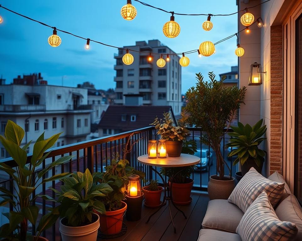 Gemütlicher Balkon mit Lichtakzenten