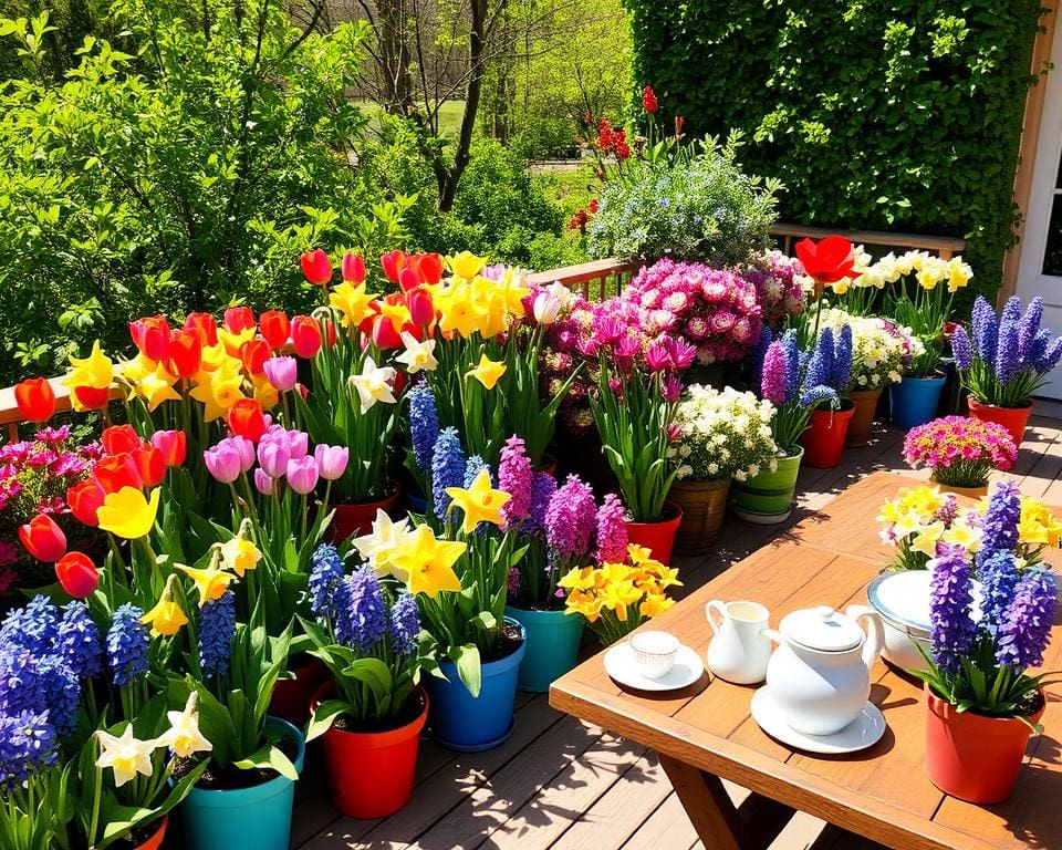 Frühlingsblüher auf bunter Terrasse