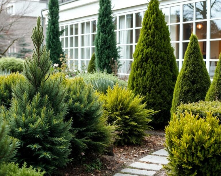 Immergrüne Pflanzen für Struktur im Wintergarten